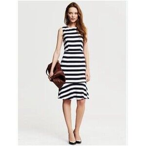 Banana Republic Women’s Navy Stripe Ponte Flounce Dress Sz 10 Work Casual Preppy